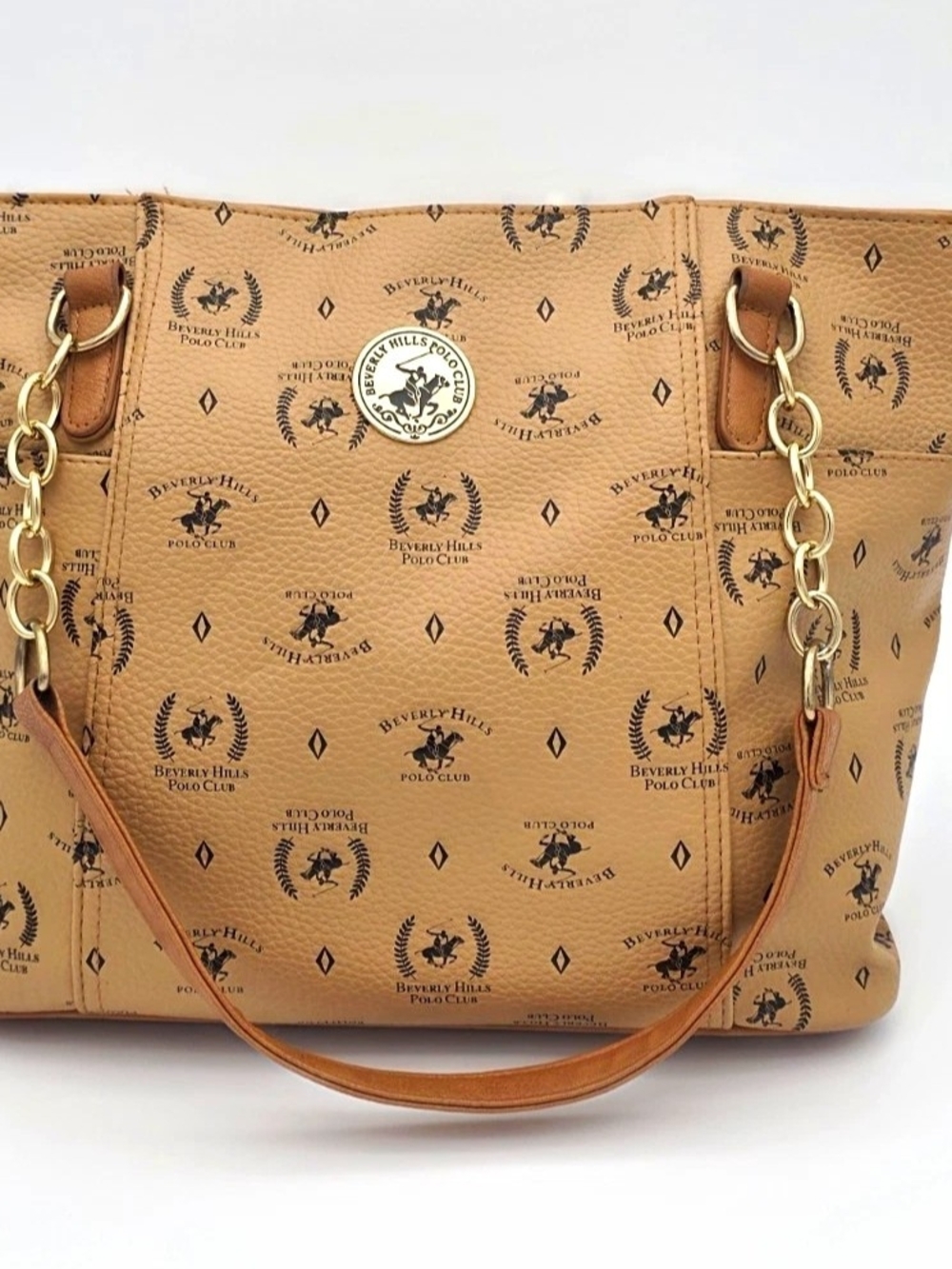 Beverly Hills Polo Club Camel Logo Print Tote with Gold Chain Accents